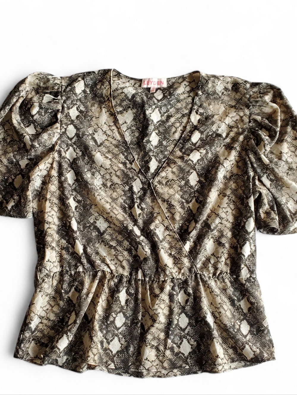 Leyden Tan & Black Snake Print Puff Sleeve Wrap Top XL